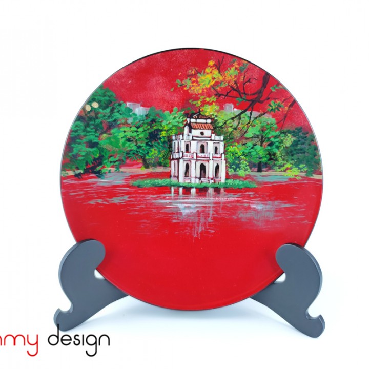 Red round lacquer dish hand-painted with Sword Lake included with stand 25 cm